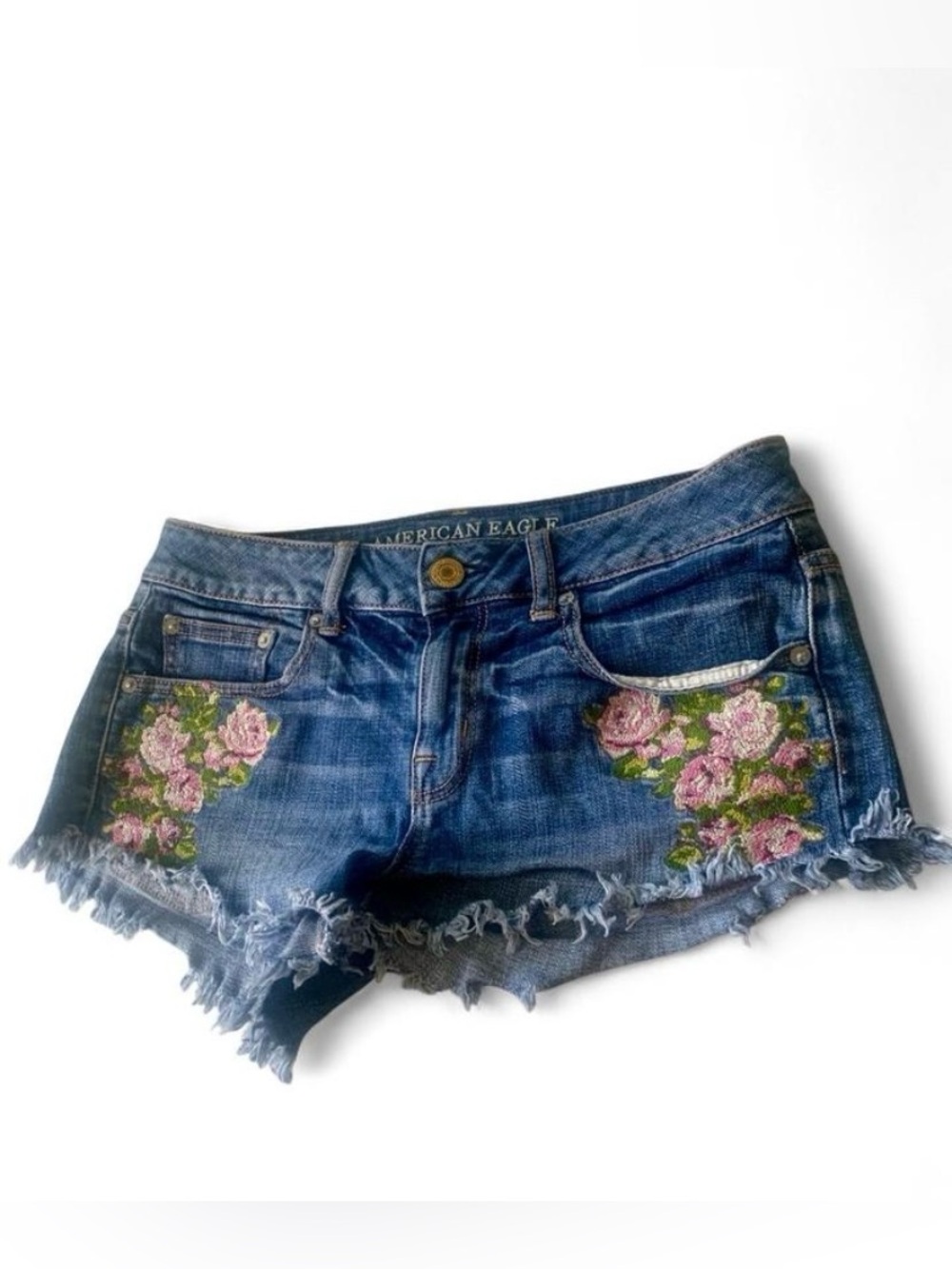 American Eagle y2k  Blue Denim Shorts with Pink Floral Embroidery casual western
